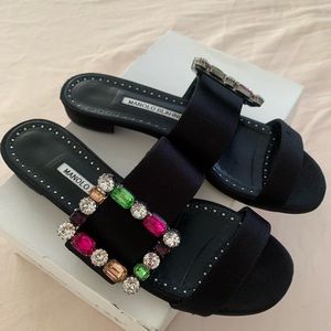 Auth Manolo Blahnik Crystal Buckle black Slides sandals